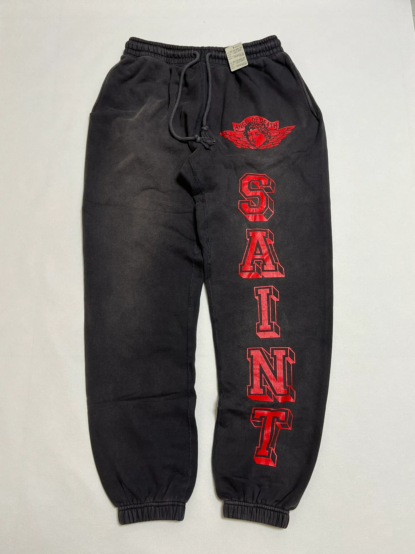 SAINT Mxxxxxx ANGEL SWEAT PANTS/BLK Angel Reborn Crack Print Distressed Sweatpants, Washed Black S-XL Assute Dyeing, Full Spray Fade, Heavy Fermentation Washing, Made with NEW VINTAGE Texture, Four Needles and Six Threads from the Factory, Boneless Patchwork, More Comfortable to Wear, Genuine Level Crack Print/Accessories Restored
